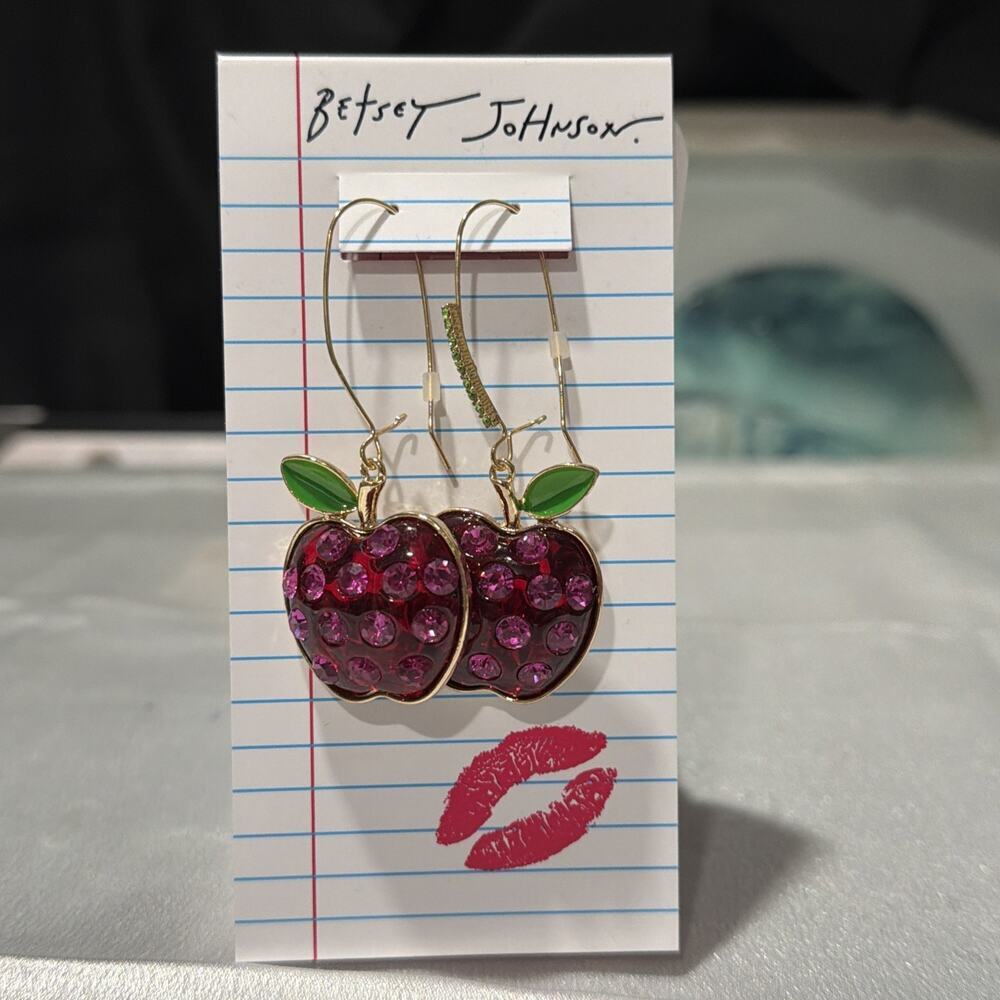 BETSEY JOHNSON Gold Tone Red Apple Drop Earrings Rhinestone Crystal NWT $ 48